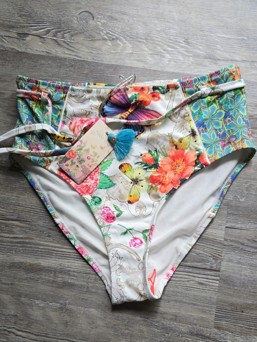 Johnny Was White Floral & Butterfly High Waist Bikini Bottoms
